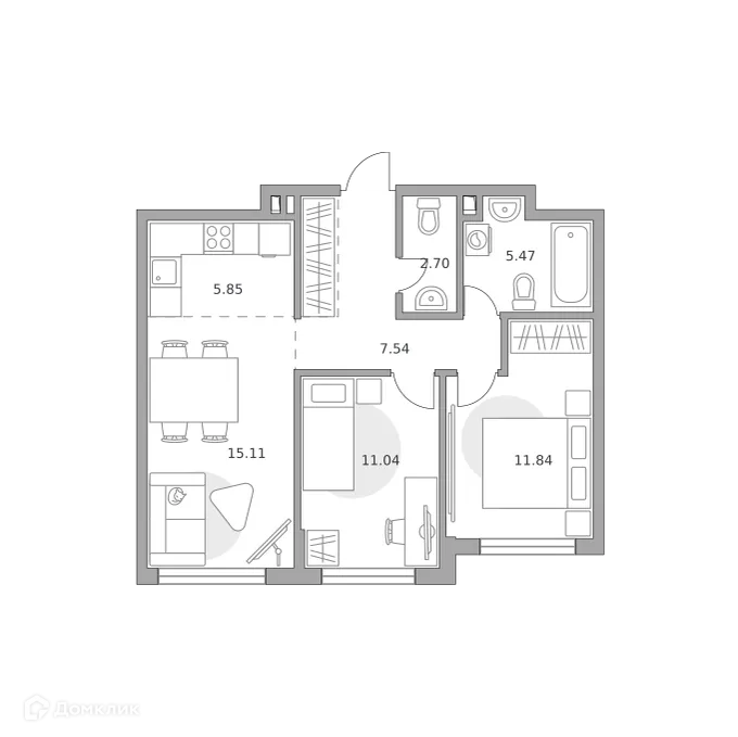Планировка 3-комнатной квартиры 61.47 м² в ЖК BeLuck Коломенское (БеЛук Коломенское), г. Москва — фото 1