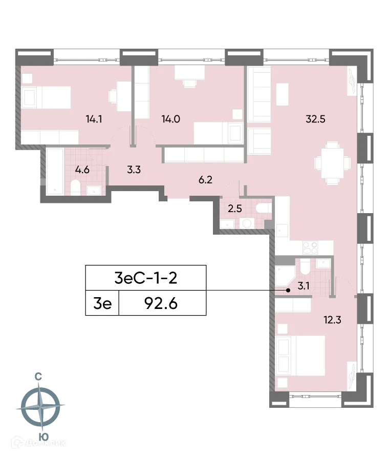 Планировка 3-комнатной квартиры 90.5 м² в ЖК "WAVE" (Вейв), г. Москва — фото 2