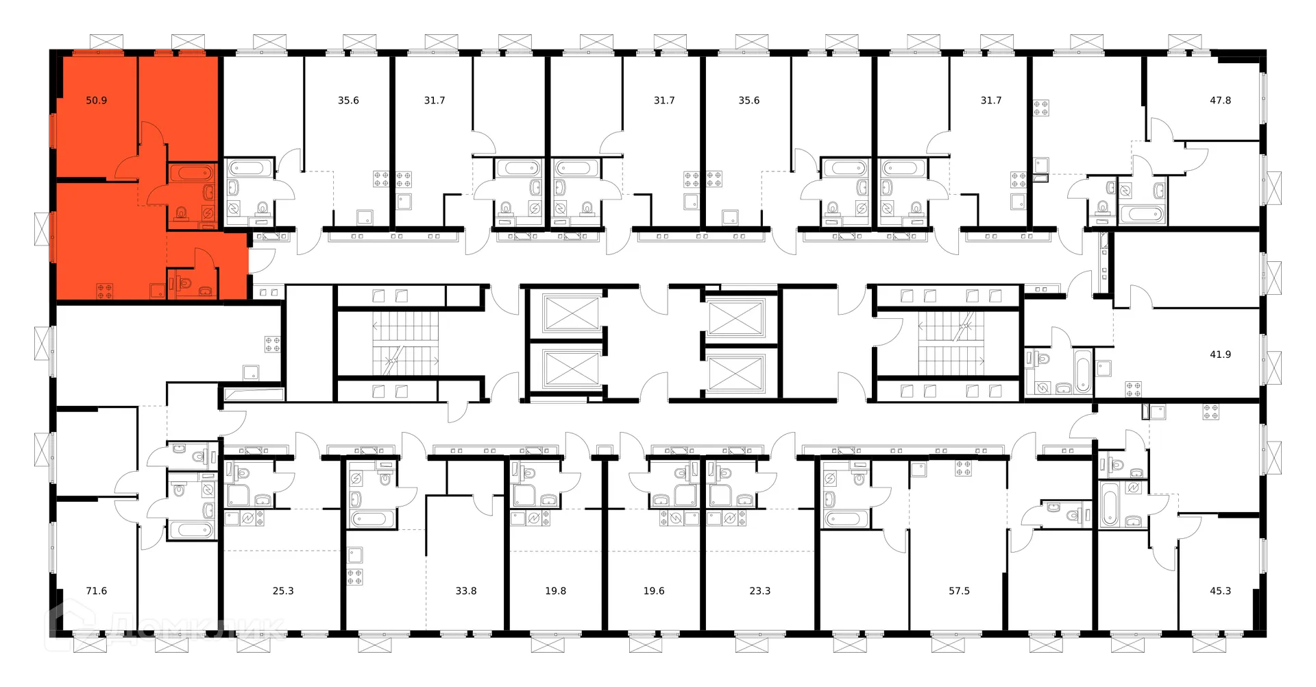 Планировка 2-комнатной квартиры 50.9 м² в ЖК Второй Нагатинский, г. Москва — фото 3