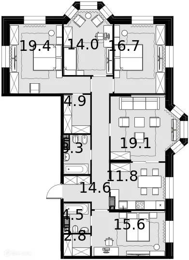 Планировка 5-комнатной квартиры 126.2 м² в ЖК Театральный квартал, г. Москва — фото 1