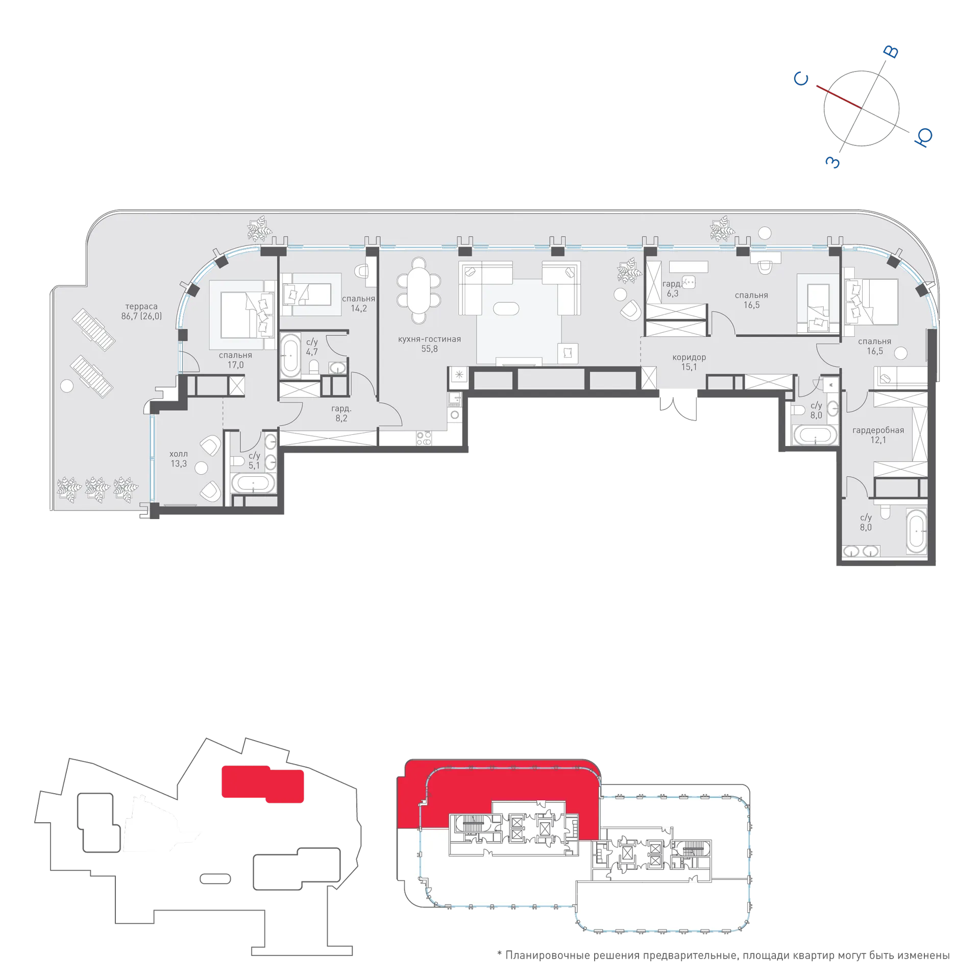 Планировка 4-комнатной квартиры 227.9 м² в ЖК Татарская 35, г. Москва — фото 1
