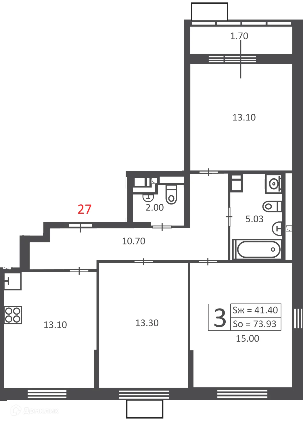 Планировка 3-комнатной квартиры 73.93 м² в 3-я Прядильная, з/у 4  (Московские кварталы), г. Москва — фото 1