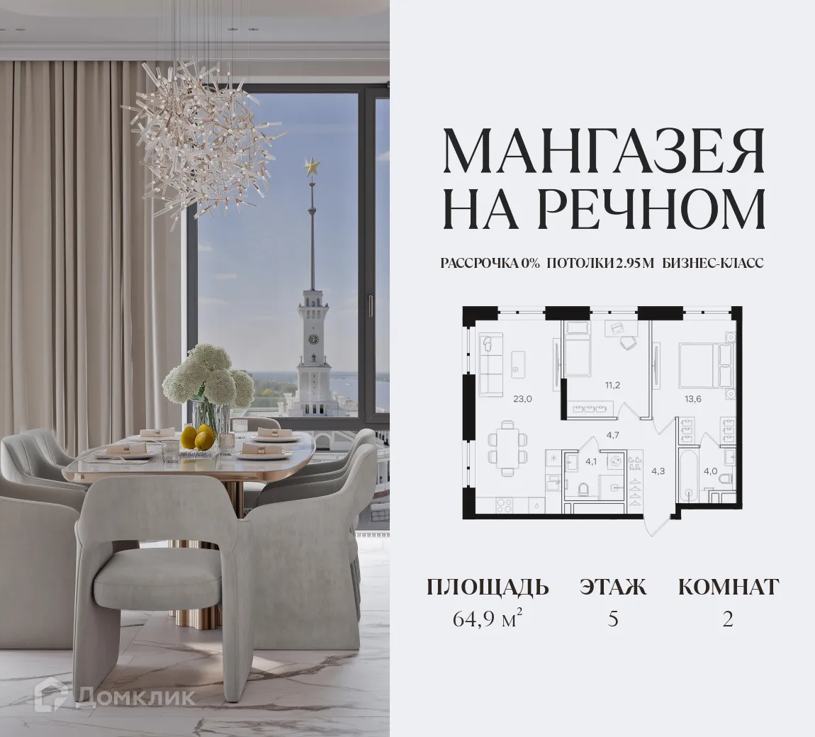 Планировка 2-комнатной квартиры 64.9 м² в ЖК Мангазея на Речном, г. Москва — фото 1