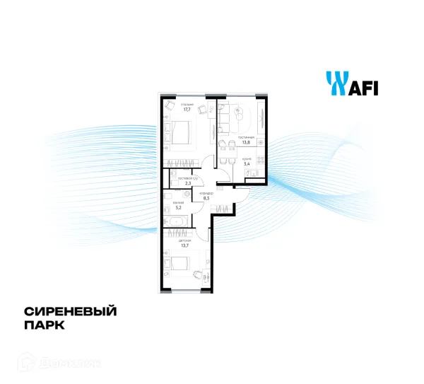 Планировка 3 комн. в ЖК "Сиреневый парк"