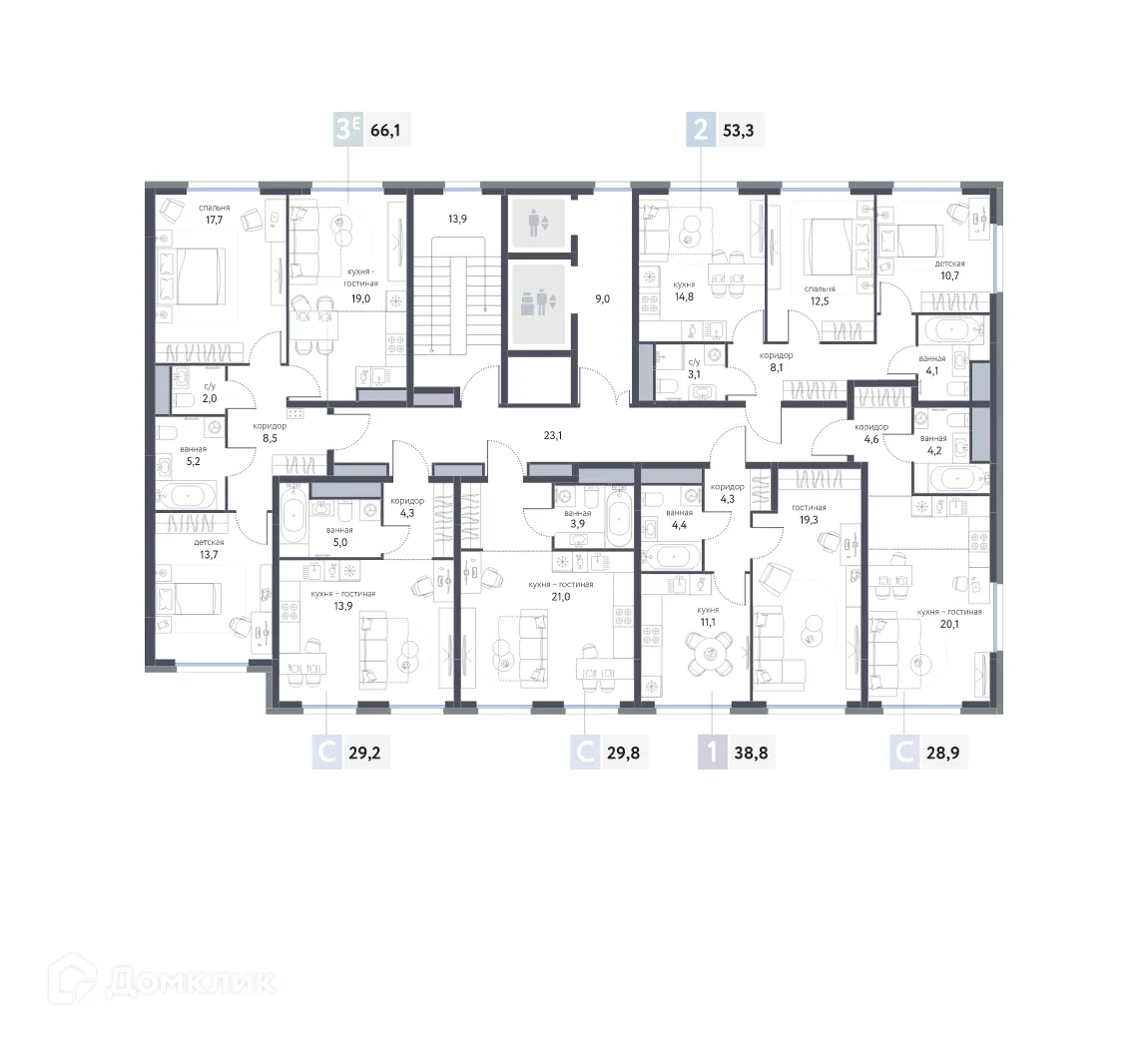 Планировка 3-комнатной квартиры 66.2 м² в ЖК "Сиреневый парк", г. Москва — фото 2