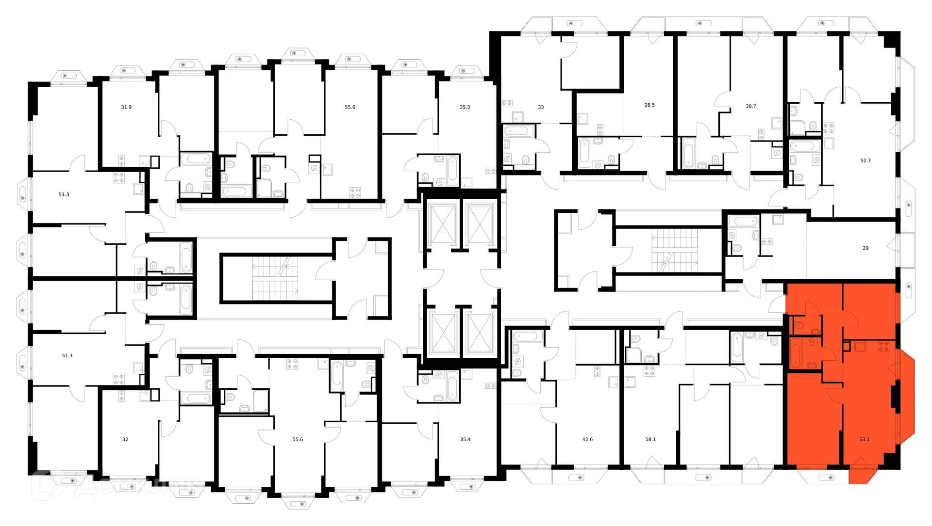 Планировка 2-комнатной квартиры 53.1 м² в ЖК Зелёный парк, г. Москва — фото 2