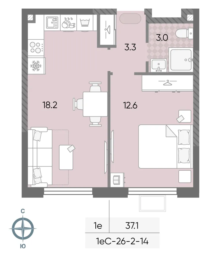 Планировка 1-комнатной квартиры 37.1 м² в ЖК "Лучи", г. Москва — фото 2