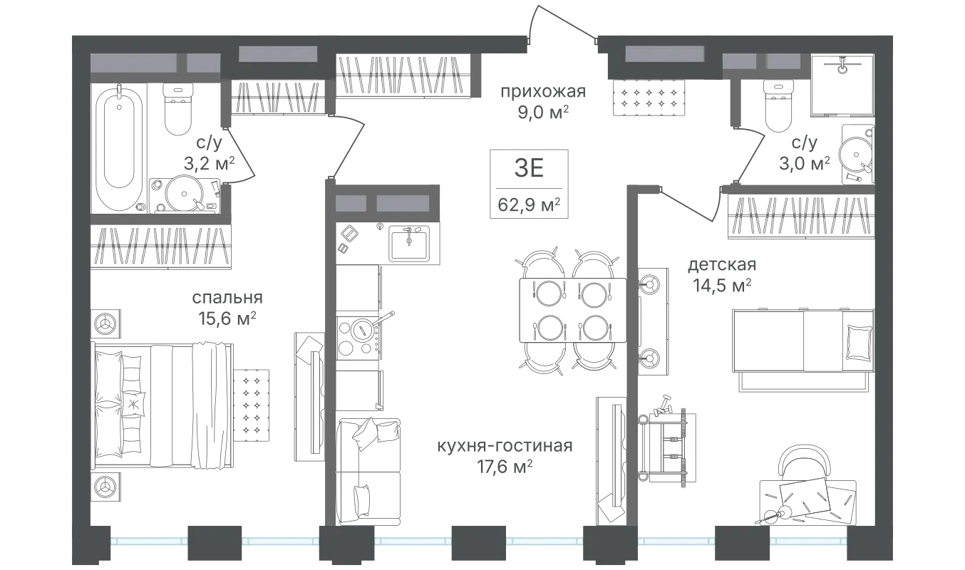 Планировка 2-комнатной квартиры 63 м² в ЖК Семеновский парк-2, г. Москва — фото 1