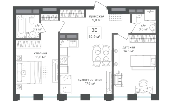 Планировка 2 комн. в ЖК Семеновский парк-2