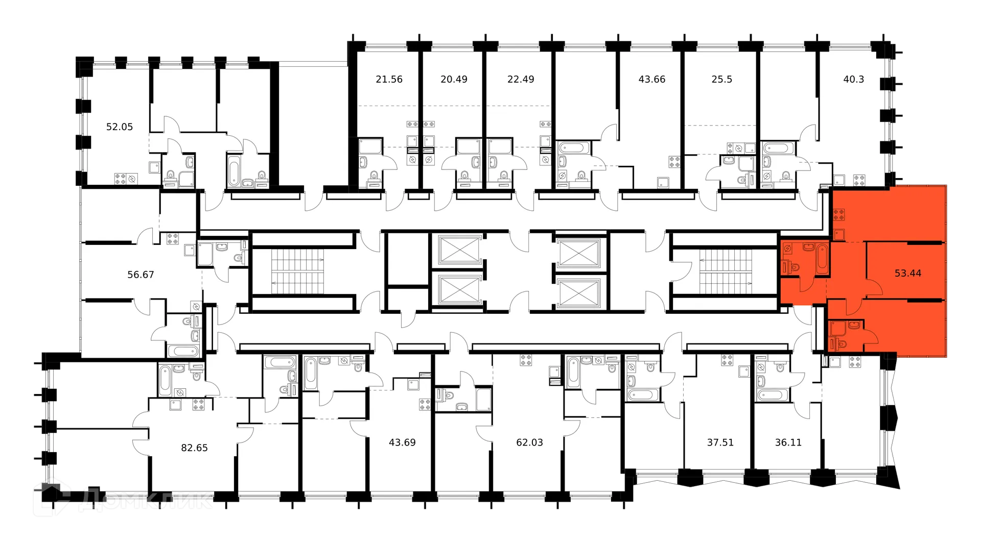 Планировка 2-комнатной квартиры 53.44 м² в ЖК Бусиновский парк, г. Москва — фото 3