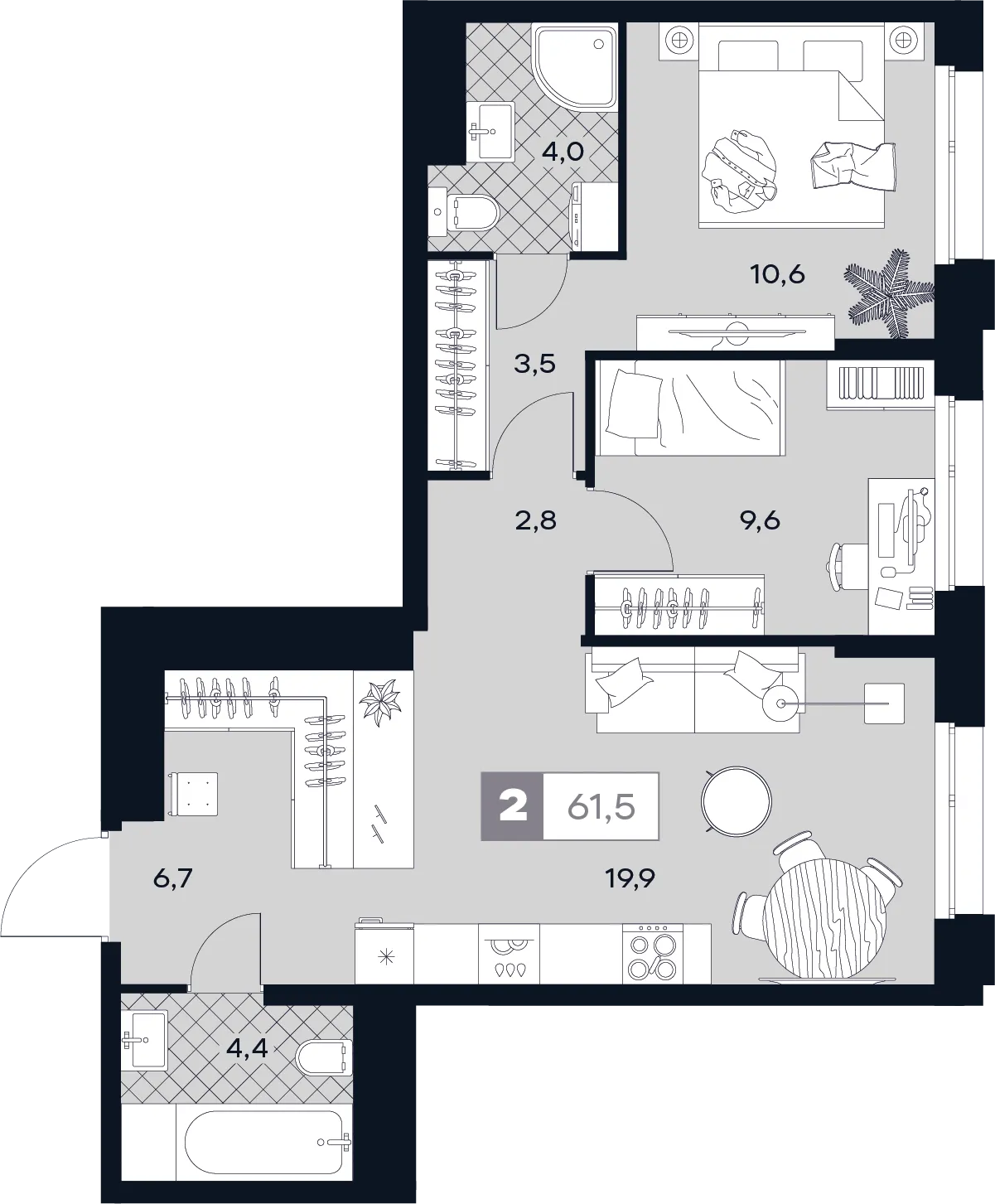 Планировка 2-комнатной квартиры 61.5 м² в ЮТУ, г. Москва — фото 1