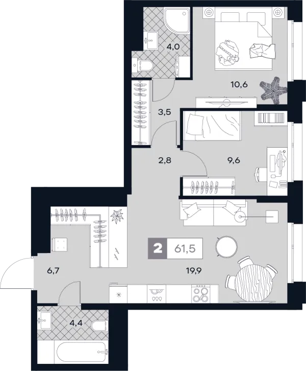 Планировка 2 комн. в ЮТУ