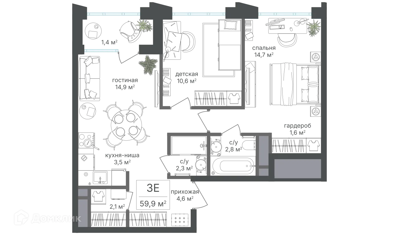 Планировка 3-комнатной квартиры 58.5 м² в ЖК Михалковский, г. Москва — фото 1