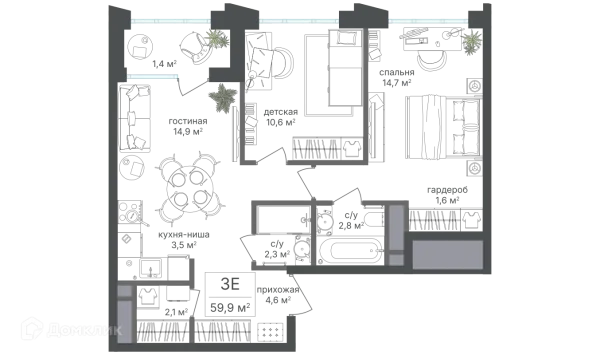 Планировка 3 комн. в ЖК Михалковский