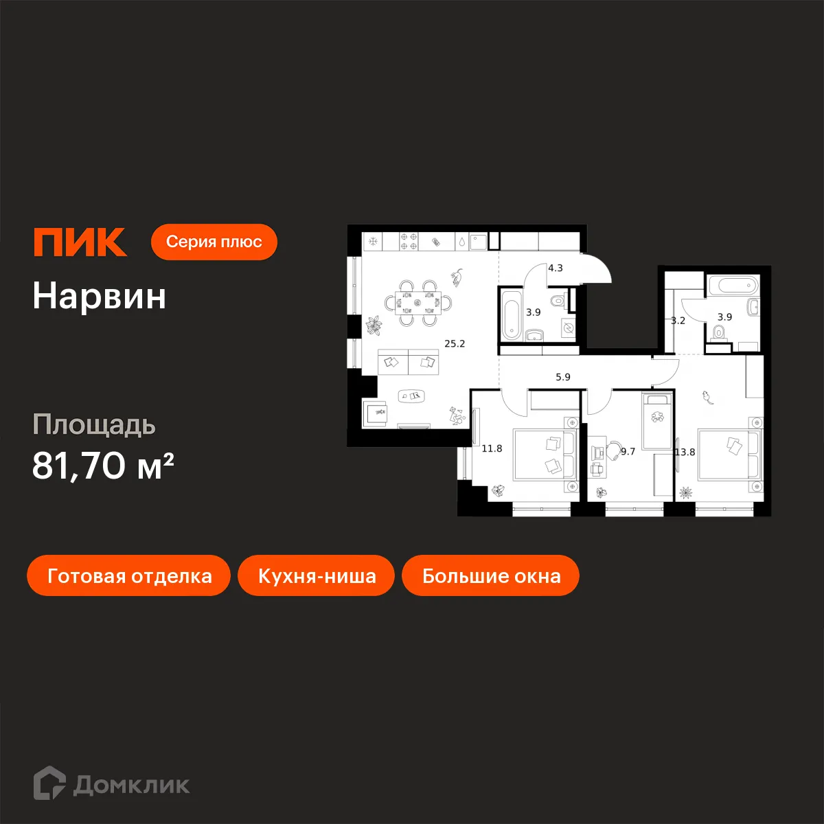 Планировка 3-комнатной квартиры 81.7 м² в «Нарвин», г. Москва — фото 1