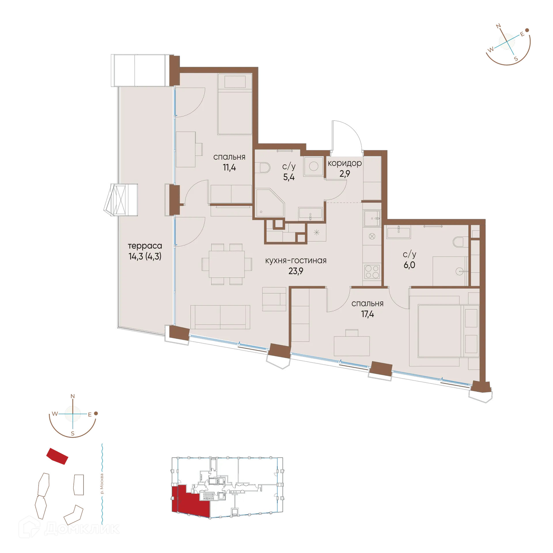 Планировка 2-комнатной квартиры 71.3 м² в ЖК "Остров", г. Москва — фото 1