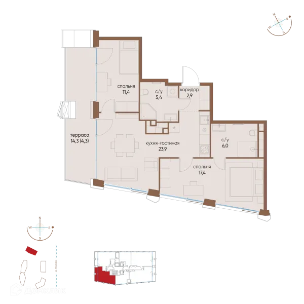 Планировка 2 комн. в ЖК "Остров"