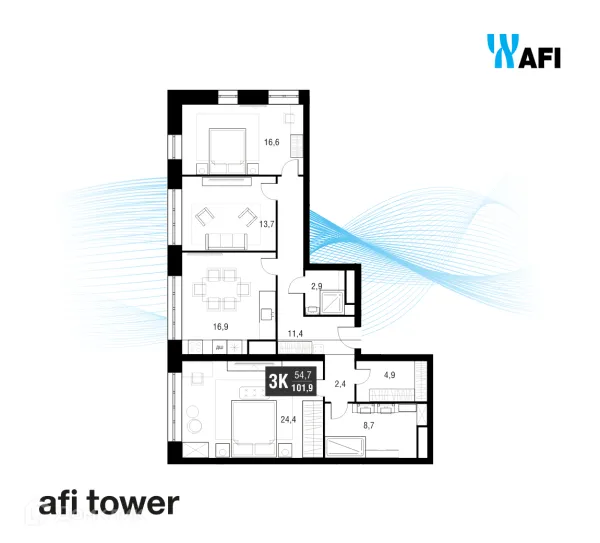 Планировка 3 комн. в ЖК "Afi Tower (Афи Тауэр)"