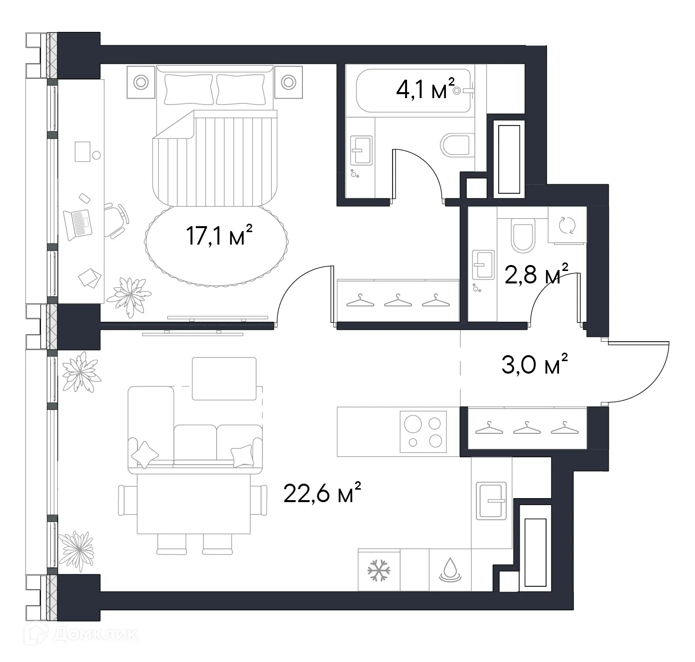 Планировка 1-комнатной квартиры 49.6 м² в ЖК «1-й Нагатинский», г. Москва — фото 1