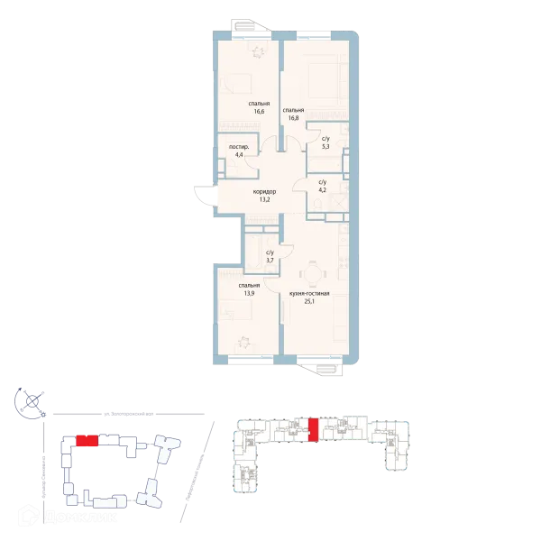 Планировка 3 комн. в ЖК "Символ"