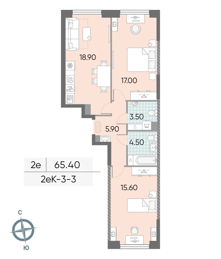 Планировка 2-комнатной квартиры 65.4 м² в ЖК Обручева 30, г. Москва — фото 2