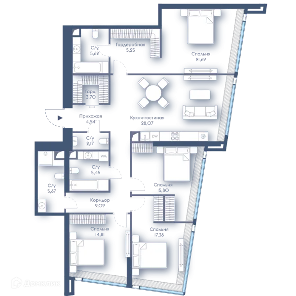 Планировка 4 комн. в ЖК Дом Дау