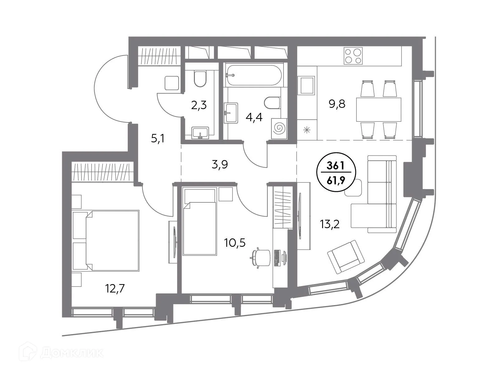 Планировка 2-комнатной квартиры 61.9 м² в ЖК "Дом 56", г. Москва — фото 3