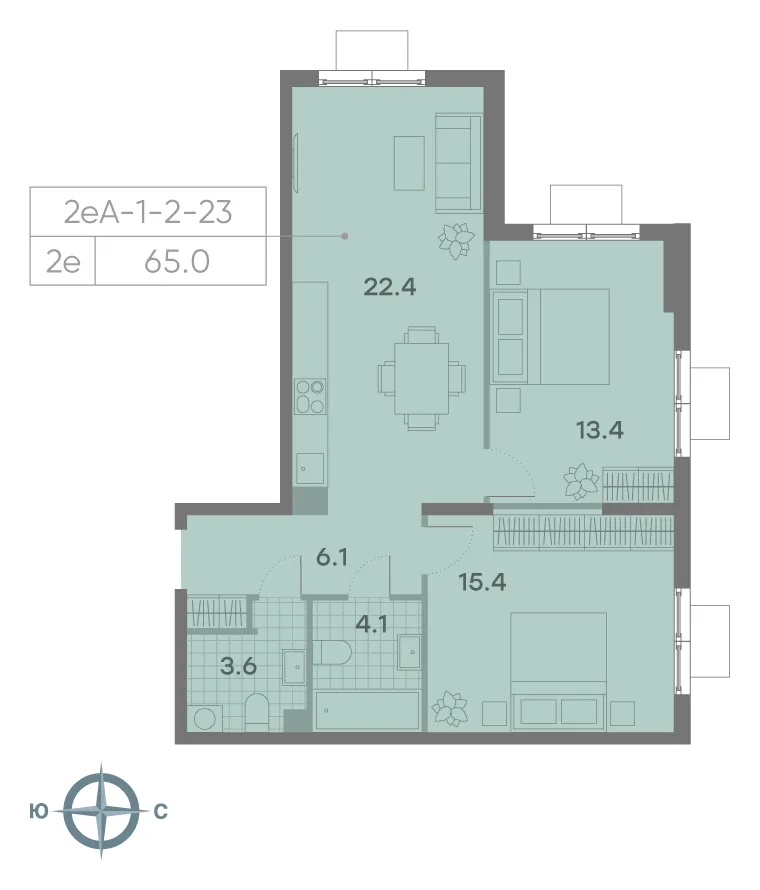Планировка 2-комнатной квартиры 63.7 м² в ЖК Parkside (Парксайд), г. Москва — фото 2