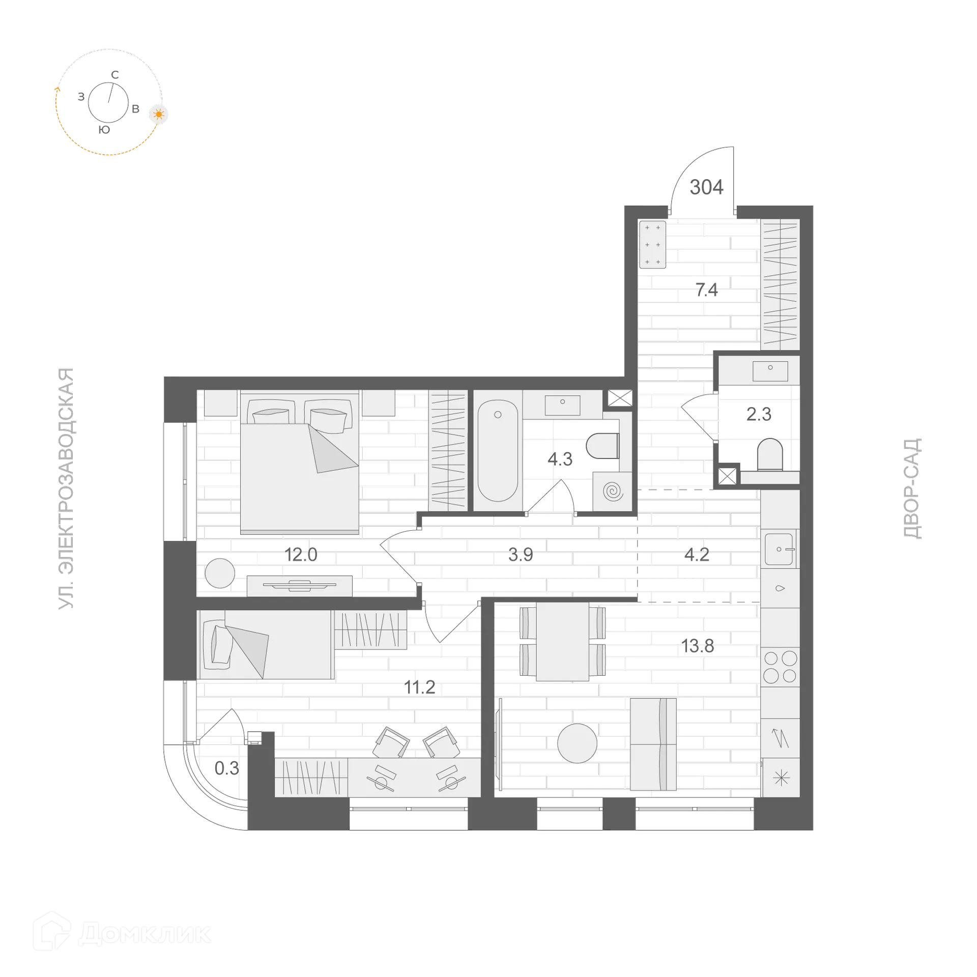 Планировка 2-комнатной квартиры 59.25 м² в ЖК ARTEL (Артель), г. Москва — фото 1