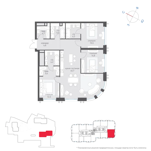 Планировка 3 комн. в ЖК Татарская 35