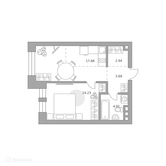 Планировка 1-комнатной квартиры 43.64 м² в ЖК MYPRIORITY Paveletskaya (МАЙПРИОРИТИ Павелецкая), г. Москва — фото 1