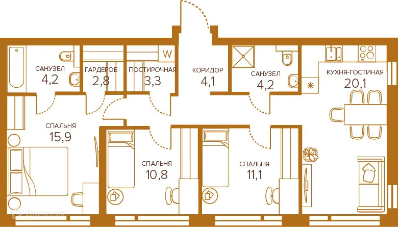 Планировка 3-комнатной квартиры 83.7 м² в ЖК Champine (Шампайн), г. Москва — фото 32