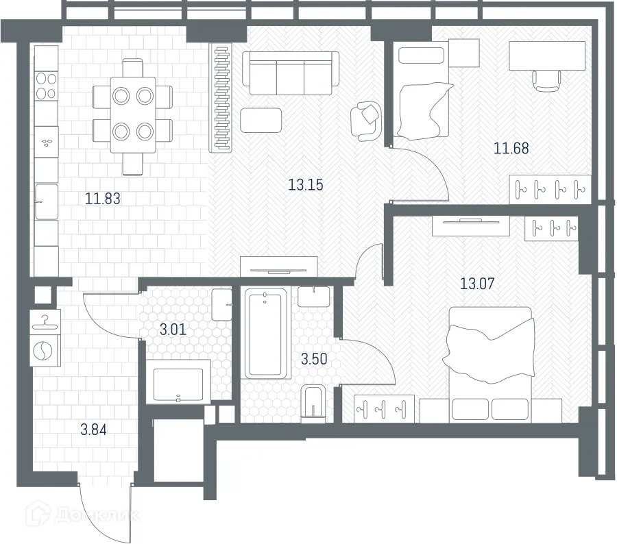 Планировка 2-комнатной квартиры 60.08 м² в ЖК TATE (Тейт), г. Москва — фото 2