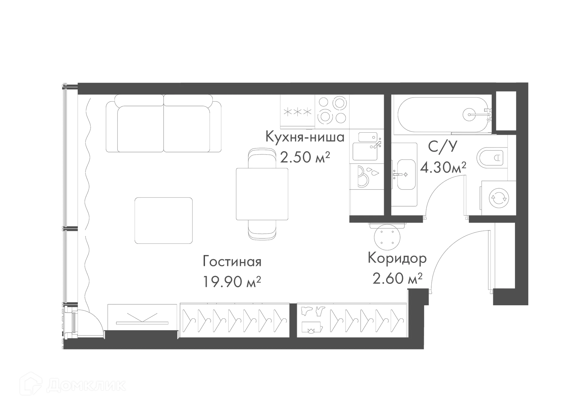 Планировка студии квартиры 29.3 м² в ЖК Жилой комплекс премиум-класса SLAVA (СЛАВА), г. Москва — фото 1