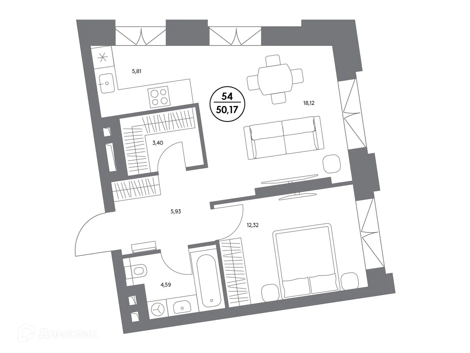 Планировка 1-комнатной квартиры 50.1 м² в ЖК Космо 4/22, г. Москва — фото 3