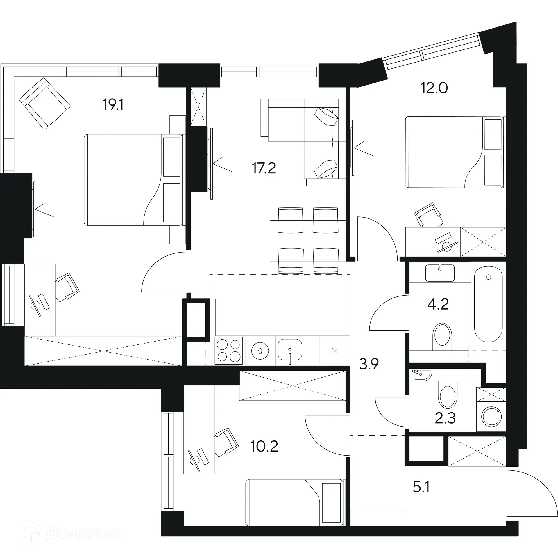 Планировка 3-комнатной квартиры 74 м² в Нексус от Аквилон, г. Москва — фото 1