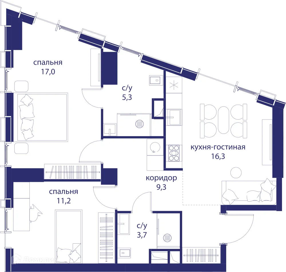 Планировка 1-комнатной квартиры 62.8 м² в ЖК "Событие", г. Москва — фото 2