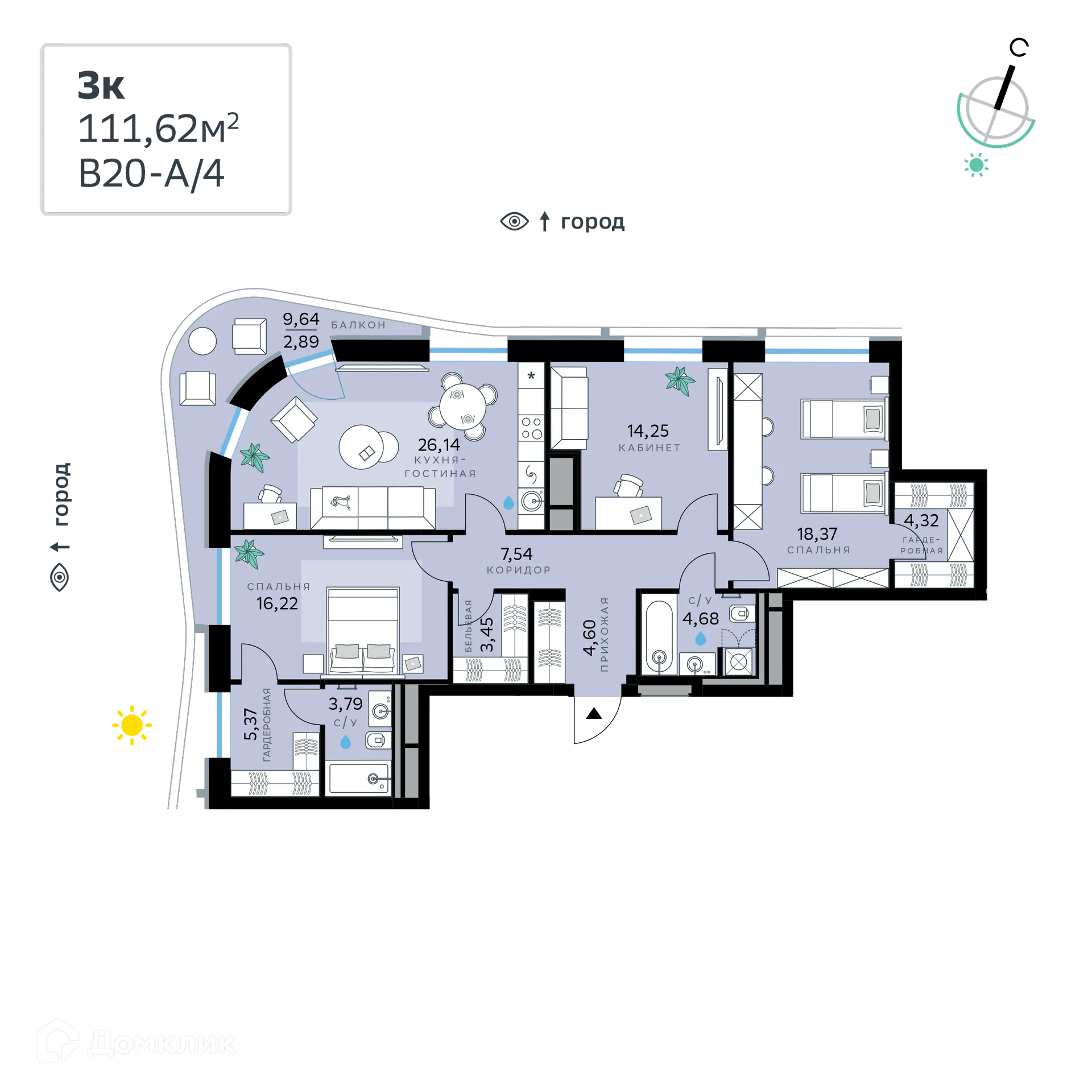 Планировка 3-комнатной квартиры 111.62 м² в СберСити - квартал В20, г. Москва — фото 1