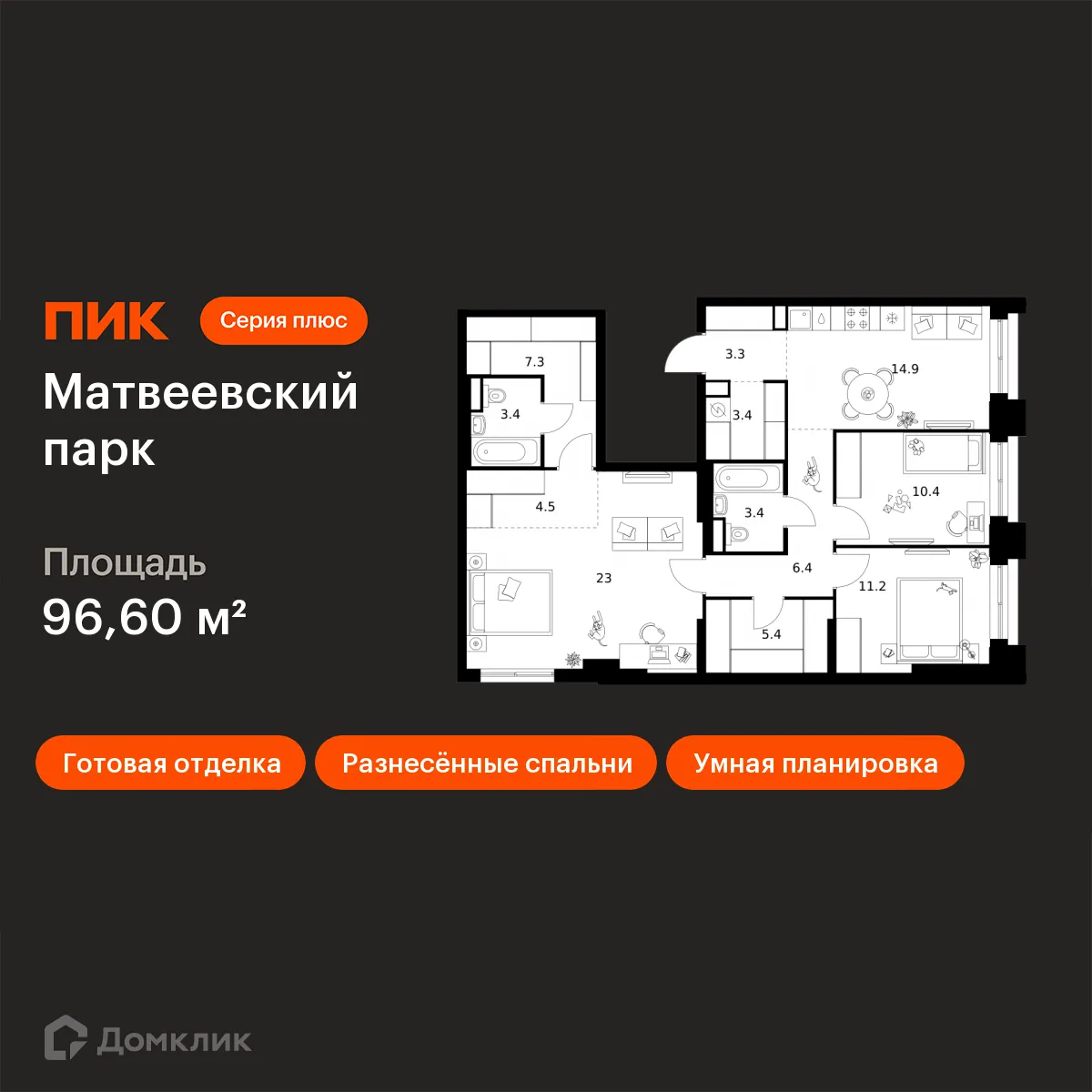 Планировка 3-комнатной квартиры 96.6 м² в ЖК Матвеевский парк, г. Москва — фото 1