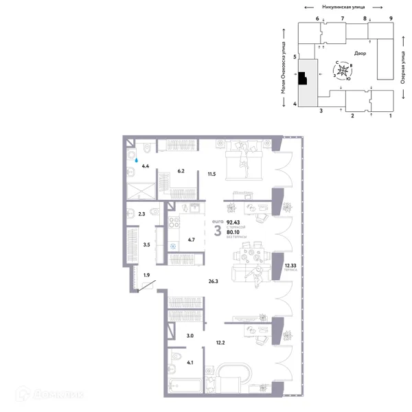 Планировка 3 комн. в ЖК Страна.Озерная