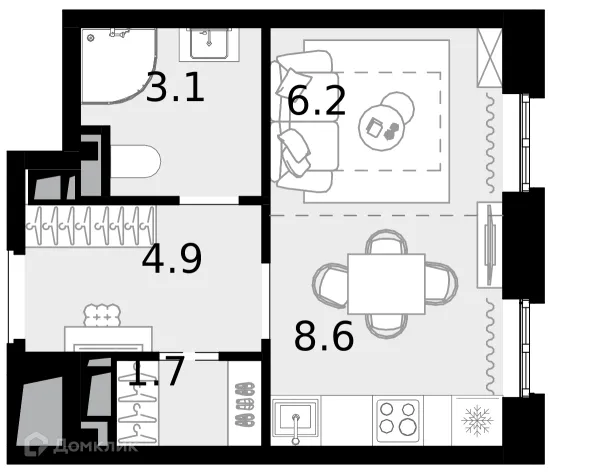 Планировка 1 комн. в ЖК "Новая Звезда-2"