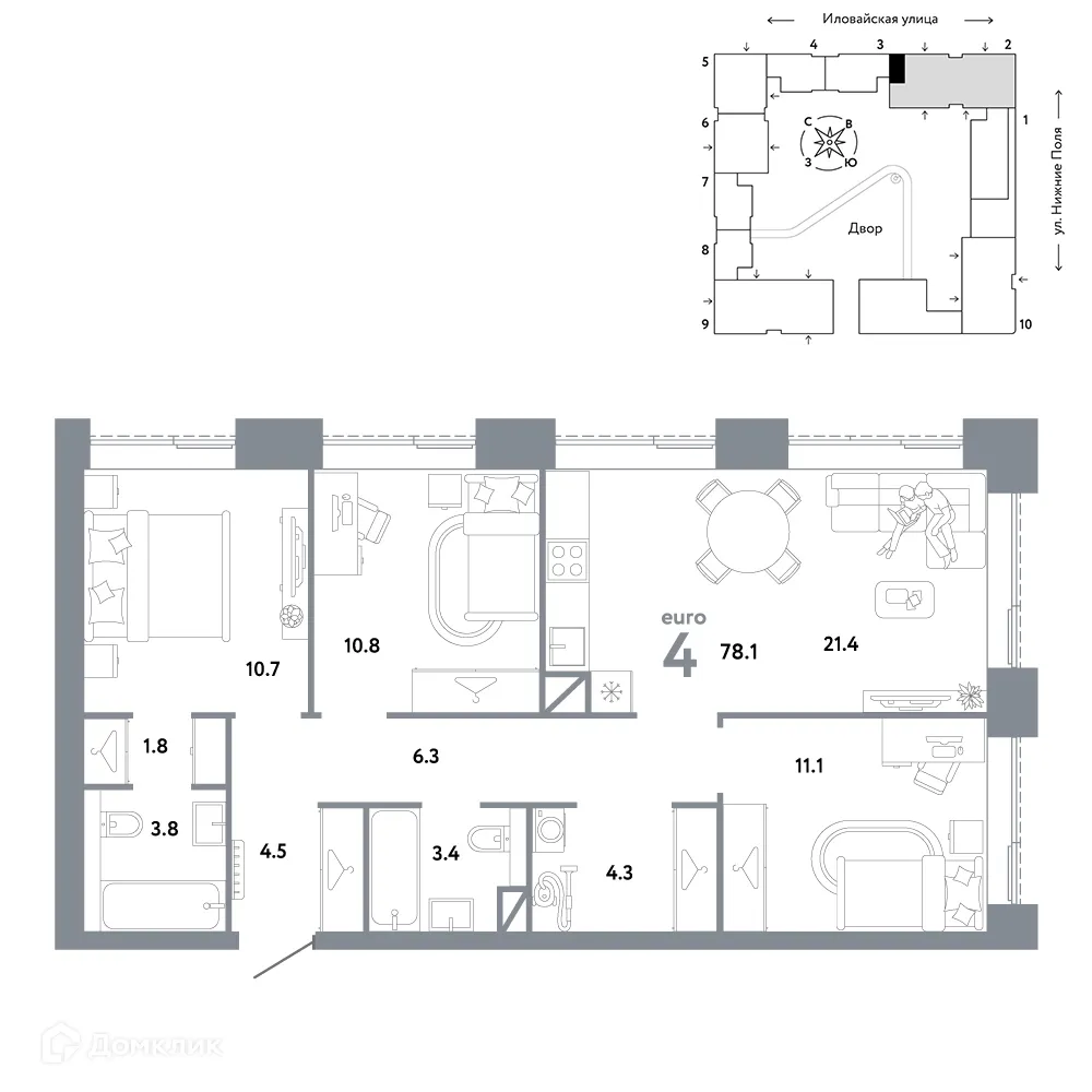Планировка 4-комнатной квартиры 78.1 м² в ЖК СТРАНА.ЗАРЕЧНАЯ, г. Москва — фото 1