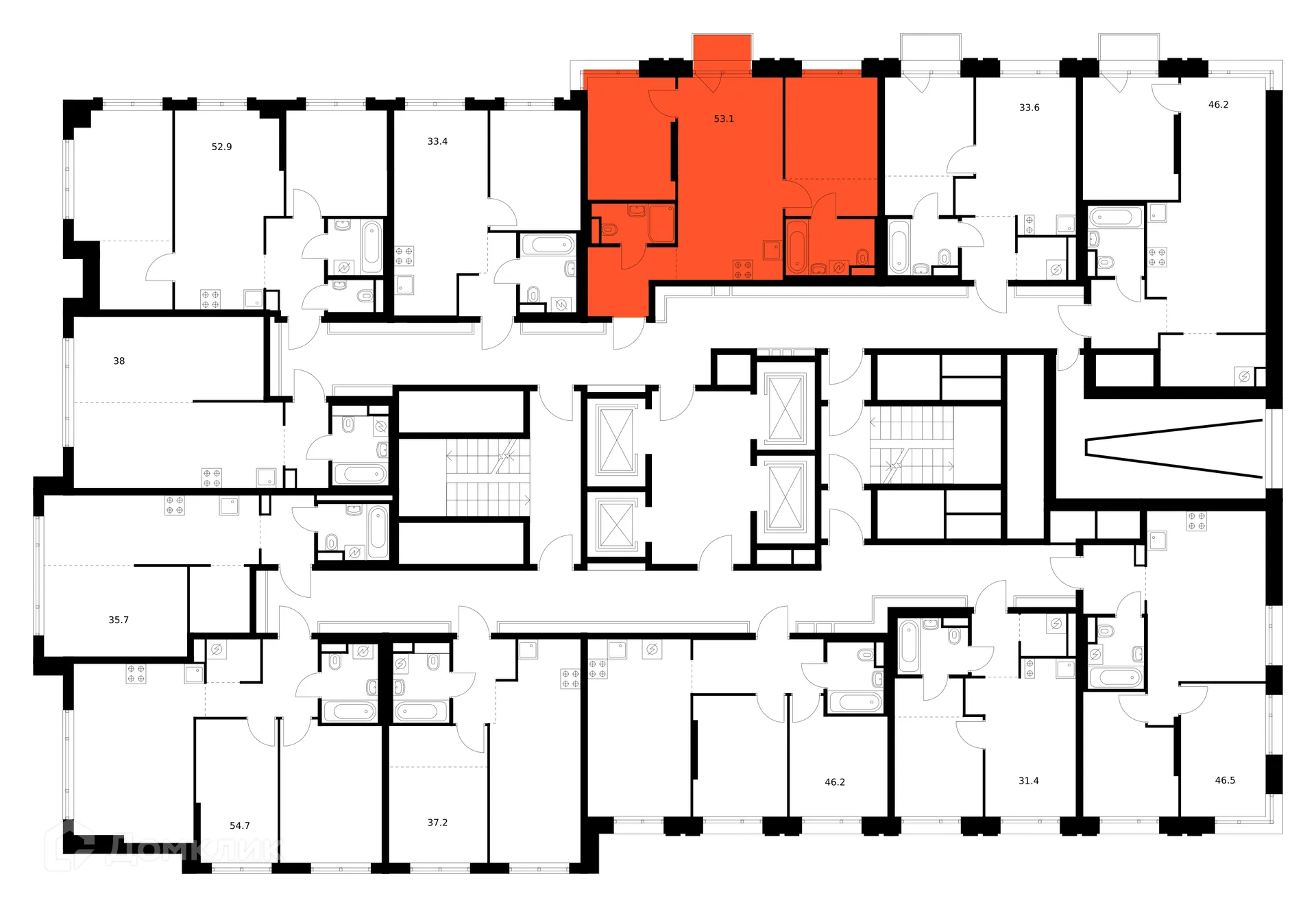 Планировка 2-комнатной квартиры 53.1 м² в ЖК Москворечье, г. Москва — фото 2