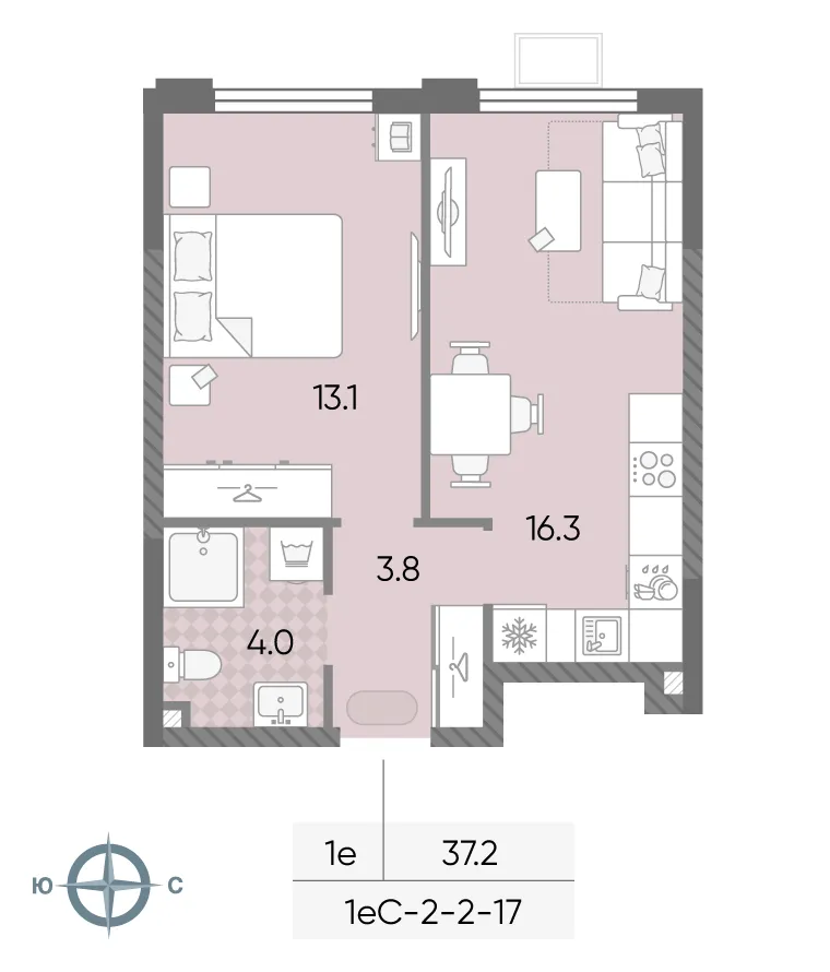 Планировка 1-комнатной квартиры 37.2 м² в ЖК "Лучи", г. Москва — фото 2