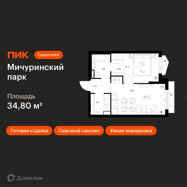 Планировка 1 комн. в ЖК Мичуринский парк