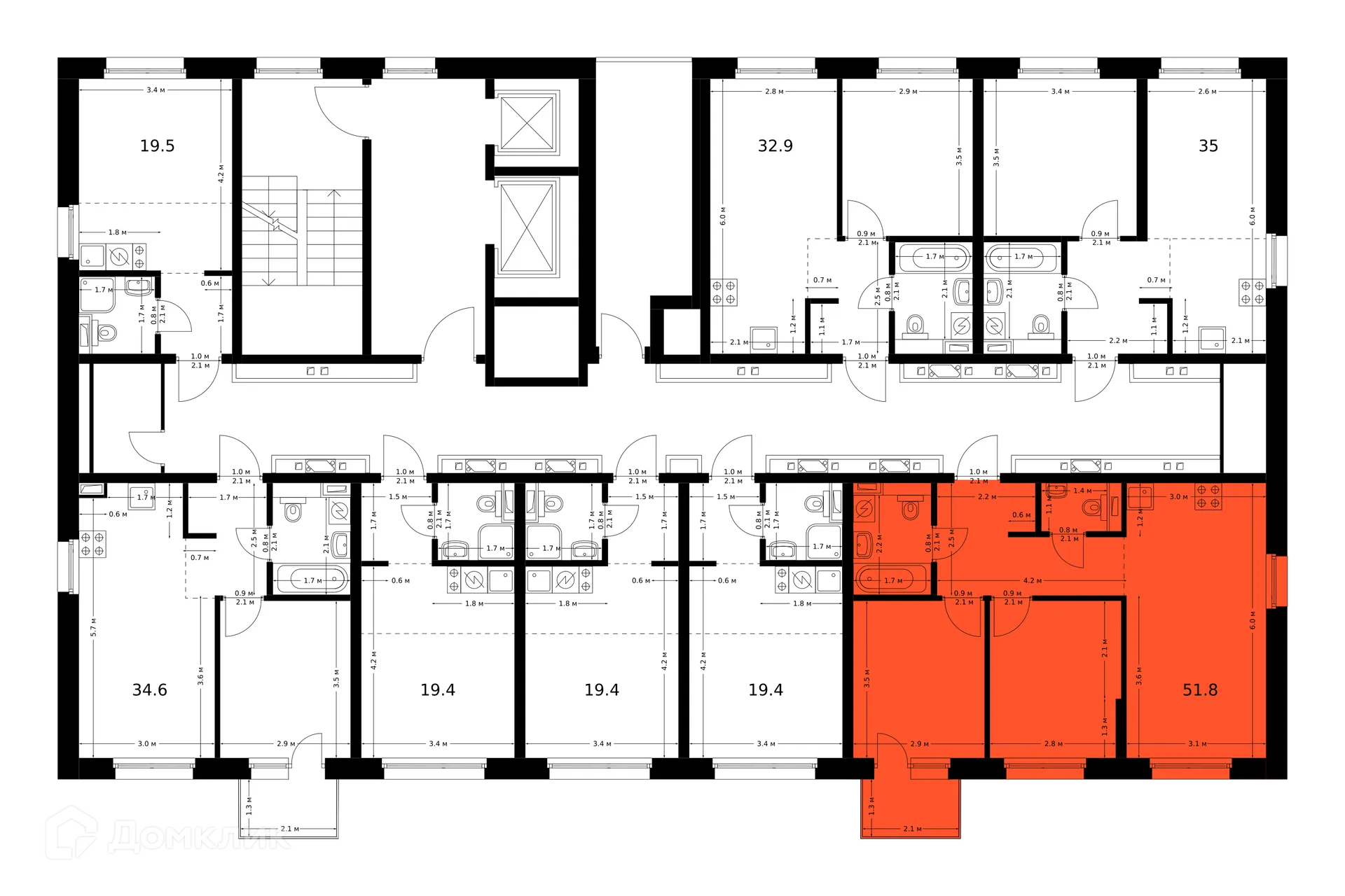 Планировка 2-комнатной квартиры 51.8 м² в ЖК Полар, г. Москва — фото 3