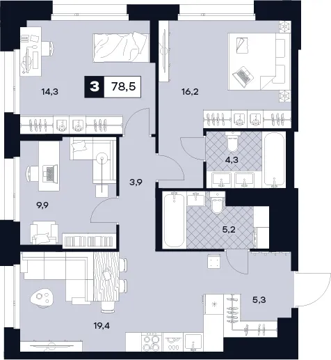 Планировка 3-комнатной квартиры 78.5 м² в ЮТУ, г. Москва — фото 1
