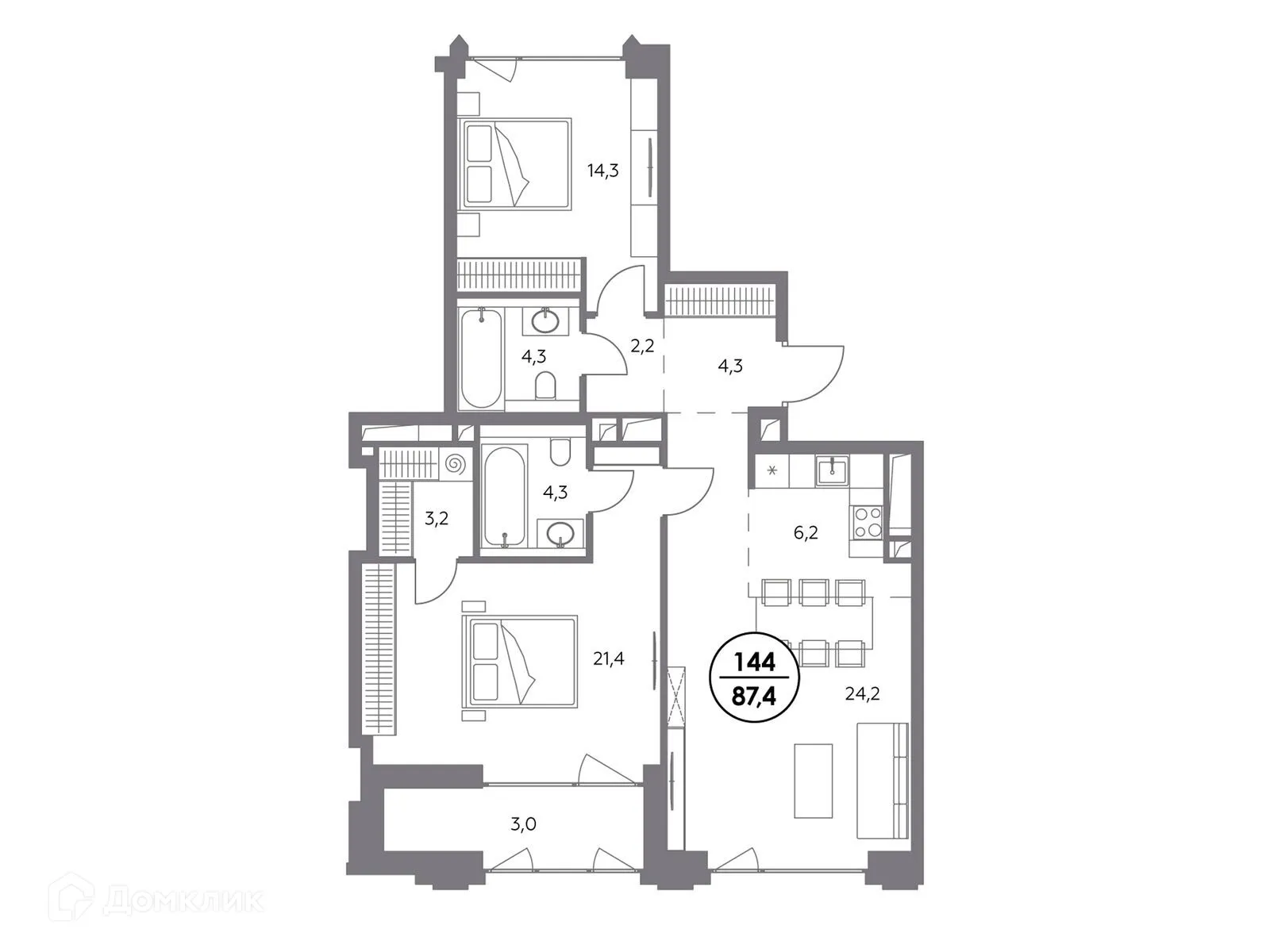 Планировка 2-комнатной квартиры 87.4 м² в ЖК МОНБЛАН, г. Москва — фото 3