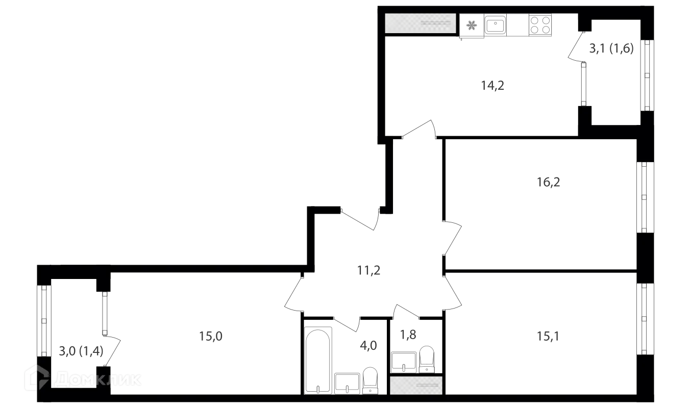 Планировка 3-комнатной квартиры 80.4 м² в ЖК Михалковский, г. Москва — фото 1