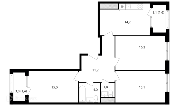 Планировка 3 комн. в ЖК Михалковский